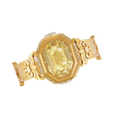 Lot 666 - Antique Gold, Citrine and Rock Crystal Bangle Bracelet