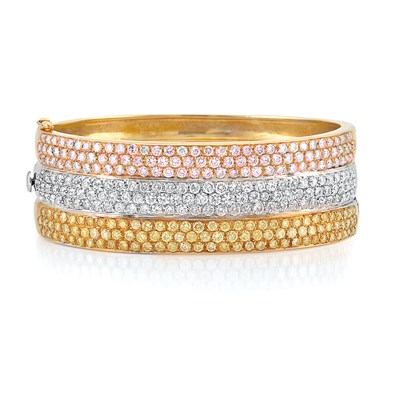 Lot 537 - Tricolor Gold, Diamond, Yellow Diamond and Pink Diamond Cuff Bangle Bracelet