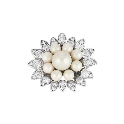 Lot 151 - Platinum, Cultured Pearl and Diamond Flower Clasp, Van Cleef & Arpels