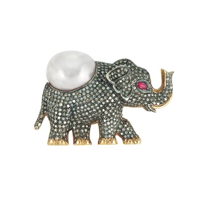 Lot 175 - Gold, Silver, Semi-Baroque Cultured Pearl, Diamond and Ruby Elephant Brooch