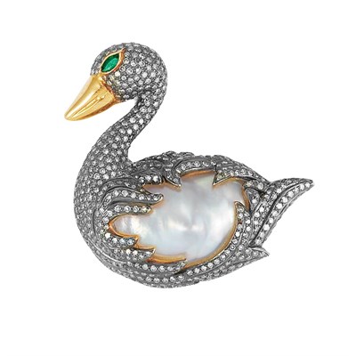Lot 85 - Gold, Silver, Baroque Cultured Pearl, Diamond and Emerald Swan Brooch