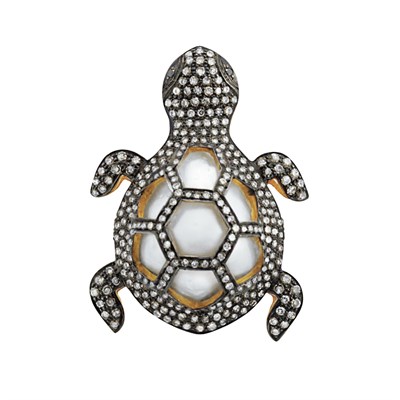 Lot 87 - Gold, Silver, Baroque Cultured Pearl and Diamond Turtle Ring