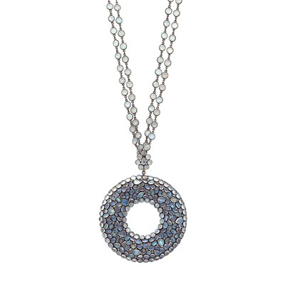 Lot 324 - Long Double Strand Blackened Silver and Moonstone Chain Pendant-Necklace