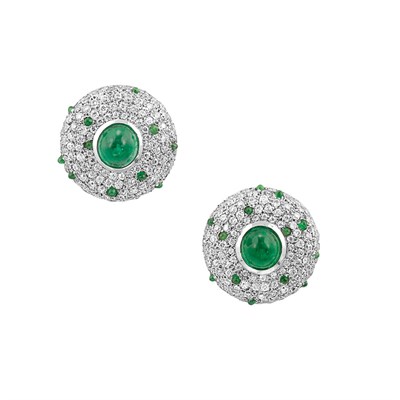 Lot 267 - Pair of Platinum, Diamond and Cabochon Emerald Earclips