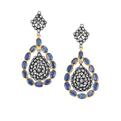 Lot 90 - Pair of Gold, Silver, Sapphire and Diamond Pendant-Earrings