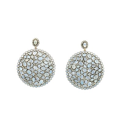 Lot 325 - Pair of Blackened Silver, Gold, Moonstone and Diamond Pendant-Earrings