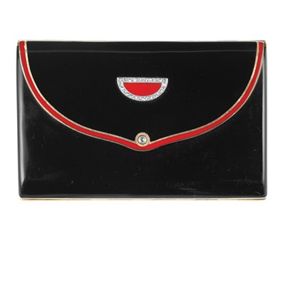 Lot 560 - Art Deco Gold, Platinum, Black and Red Enamel and Diamond Vanity Case
