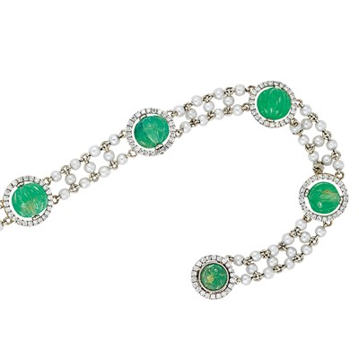 Lot 16 - Platinum, Carved Emerald, Diamond and Seed Pearl Bracelet