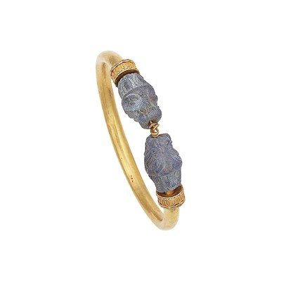 Lot 506 - Gold and Carved Lapis Animal Head Bangle Bracelet