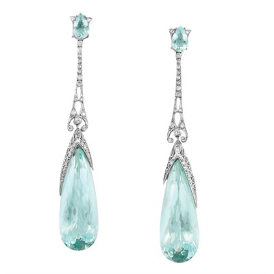Lot 620 - Pair of Edwardian Platinum, Aquamarine and Diamond Pendant-Earrings