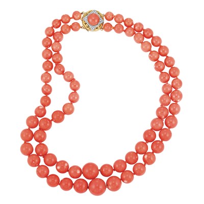 Lot 350 - Double Strand Coral Bead Necklace with Gold, Coral and Diamond Clasp