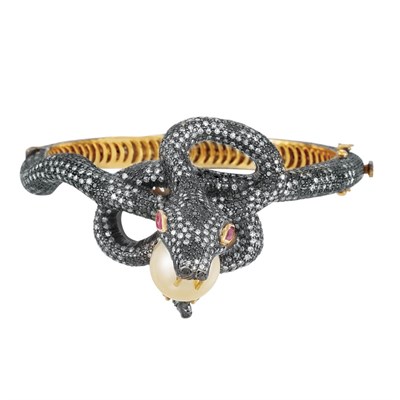 Lot 86 - Gold, Silver, Cultured Pearl, Diamond and Ruby Snake Bangle Bracelet