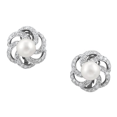 Lot 444 - Pair of Cultured Pearl and Diamond Earrings