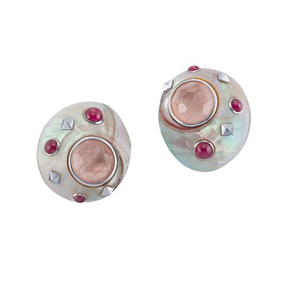 Lot 5 - Pair of White Gold, Shell, Rose Quartz and Cabochon Ruby Earclips, Trianon