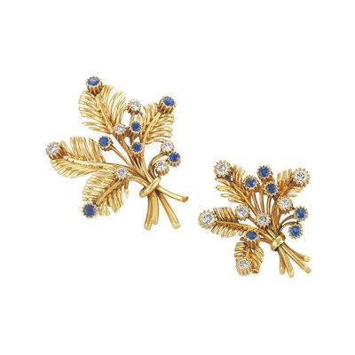 Lot 507 - Pair of Gold, Sapphire and Diamond Leaf Clips, Van Cleef & Arpels