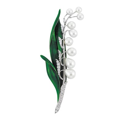 Lot 314 - Platinum, Natural Pearl, Diamond and Green Enamel Lily of the Valley Brooch, Marcus