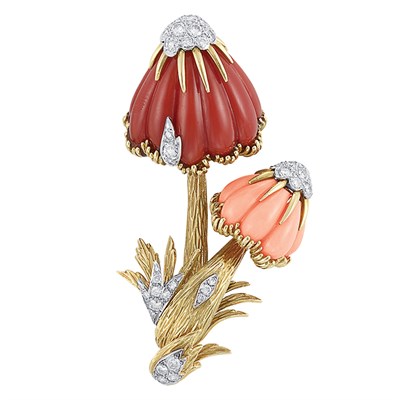 Lot 128 - Gold, Coral and Diamond Flower Clip-Brooch
