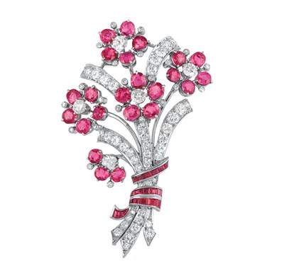 Lot 340 - Platinum, Ruby and Diamond Bouquet Brooch, Tiffany & Co.
