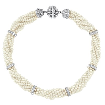 Lot 315 - Seven Strand Pearl, Silver and Diamond Necklace