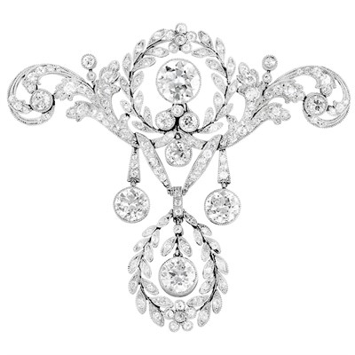 Lot 614 - Belle Epoque Platinum and Diamond Pendant-Brooch