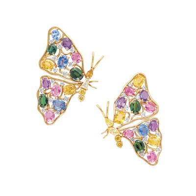 Lot 491 - Pair of Gold, Multicolored Sapphire and Diamond Butterfly Brooches, Oscar Heyman Bros.