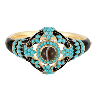 Lot 663 - Antique Gold, Banded Agate, Turquoise and Black Enamel Bangle Bracelet