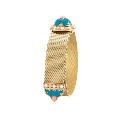 Lot 656 - Antique Gold, Coral, Split Pearl, Enamel and Diamond Slide Bracelet