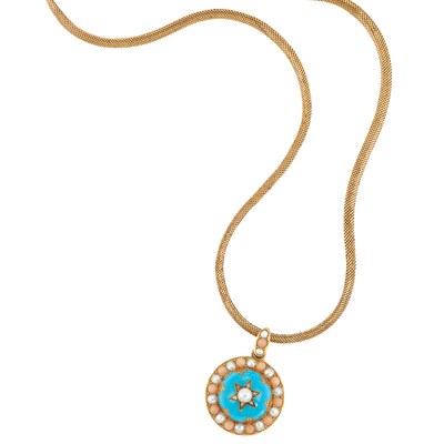 Lot 655 - Antique Gold, Coral, Pearl and Turquoise Enamel Pendant-Necklace