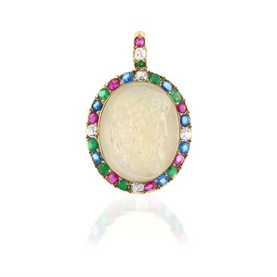 Lot 667 - Antique Gold, Opal Cameo, Gem-Set and Diamond Pendant