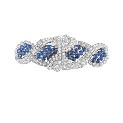 Lot 597 - Platinum, Sapphire and Diamond Double Clip-Brooch