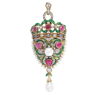 Lot 669 - Antique Gold, Ruby, Sapphire, Pearl, Diamond and Enamel Mask Pendant