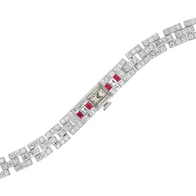 Lot 592 - Art Deco Platinum, Diamond and Ruby Wristwatch