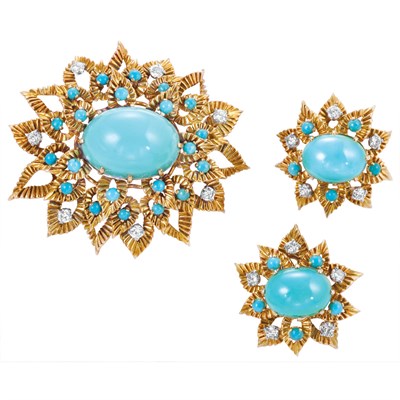 Lot 519 - Gold, Turquoise and Diamond Flower Brooch and Pair of Earclips, Cartier
