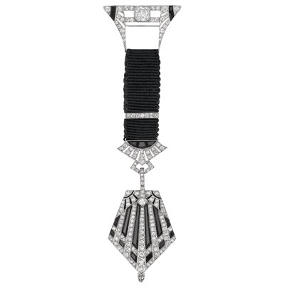 Lot 569 - Art Deco Platinum, Diamond and Black Onyx Lapel Watch, Van Cleef & Arpels
