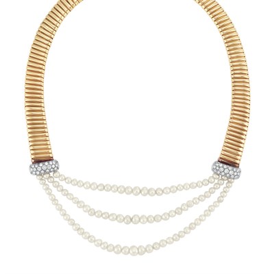 Lot 438 - Gold, Platinum, Pearl and Diamond Snake Chain Necklace