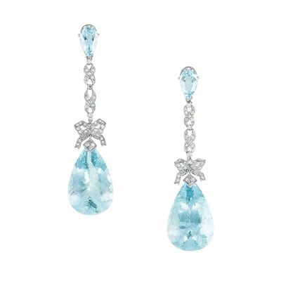 Lot 150 - Pair of White Gold, Aquamarine and Diamond Pendant-Earrings