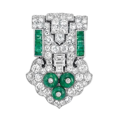 Lot 571 - Art Deco Platinum, Diamond and Emerald Clip, Cartier