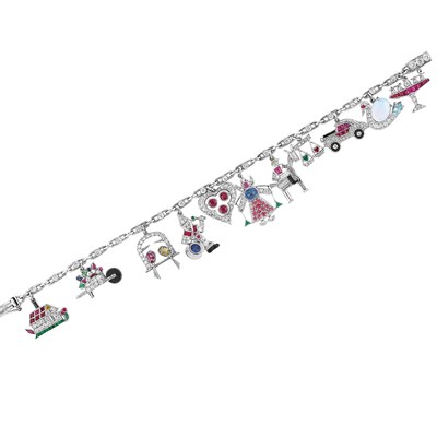 Lot 612 - Platinum, Diamond and Gem-Set Charm Bracelet
