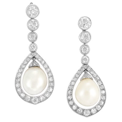 Lot 618 - Edwardian Platinum, Natural Pearl and Diamond Pendant-Earrings