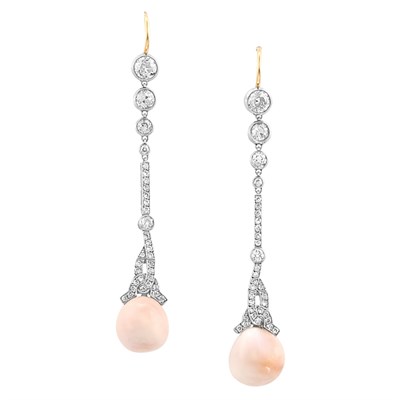 Lot 617 - Pair of Platinum, Diamond and Conch Pearl Pendant-Earrings