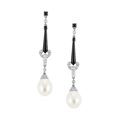 Lot 262 - Pair of Platinum, Diamond, Black Enamel and Cultured Pearl Pendant-Earrings