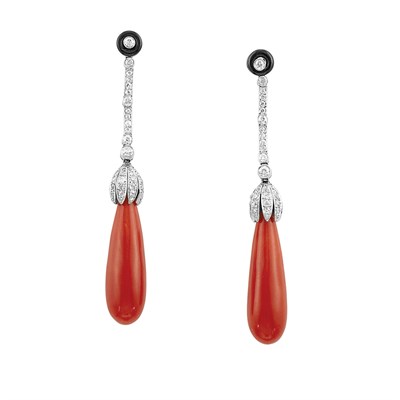 Lot 561 - Pair of Platinum, Coral, Diamond and Black Enamel Pendant-Earrings