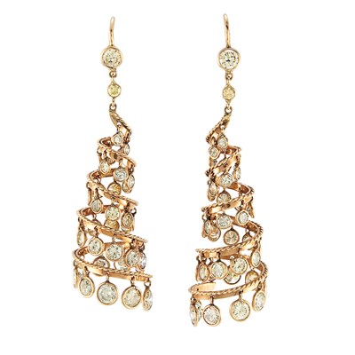 Lot 482 - Pair of Gold and Diamond Spiral Fringe Pendant-Earrings