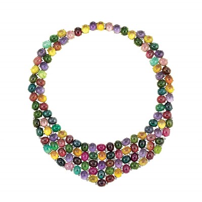 Lot 487 - Gold, Multicolored Cabochon Colored Stone and Diamond Bib Necklace