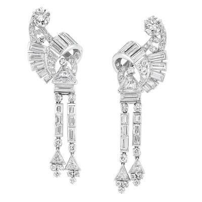 Lot 589 - Pair of Art Deco Platinum and Diamond Pendant-Earrings