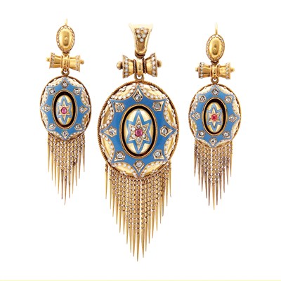 Lot 657 - Antique Gold, Turquoise Enamel, Ruby and Diamond Fringe Brooch and Pair of Earrings