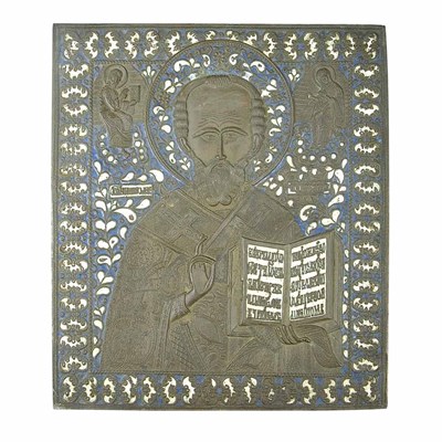 Lot 323 - Russian Blue and White Enameled Bronze Icon of...