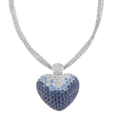 Lot 80 - White Gold, Sapphire and Diamond Heart Pendant with Triple Strand Chain Necklace