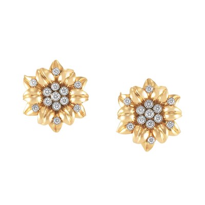 Lot 226 - Pair of Gold, Platinum and Diamond Flower Earclips, Aletto Bros.