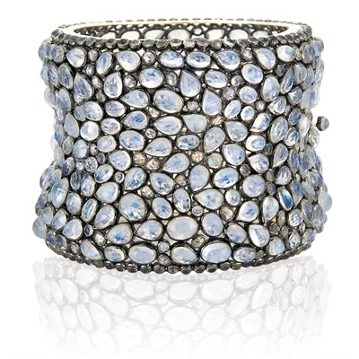 Lot 323 - Wide Blackened Silver, Gold, Moonstone and Diamond Cuff Bangle Bracelet